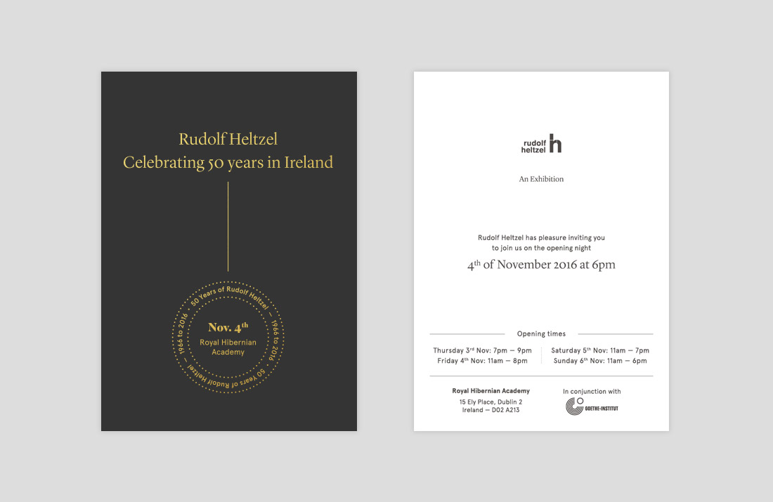 50 Years of Rudolf Heltzel Exhibition Gold Foil invites by Freelance Graphic Designer Colm McCarthy
