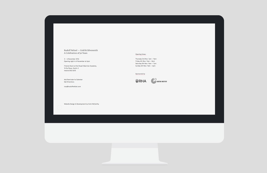 50 Years of Rudolf Heltzel Exhibition Website footer by Freelance Graphic Designer Colm McCarthy
