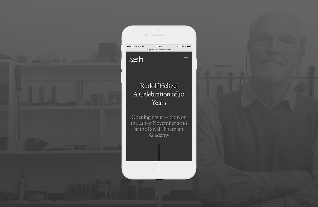 50 Years of Rudolf Heltzel Exhibition Website landing page on iphone by Freelance Graphic Designer Colm McCarthy