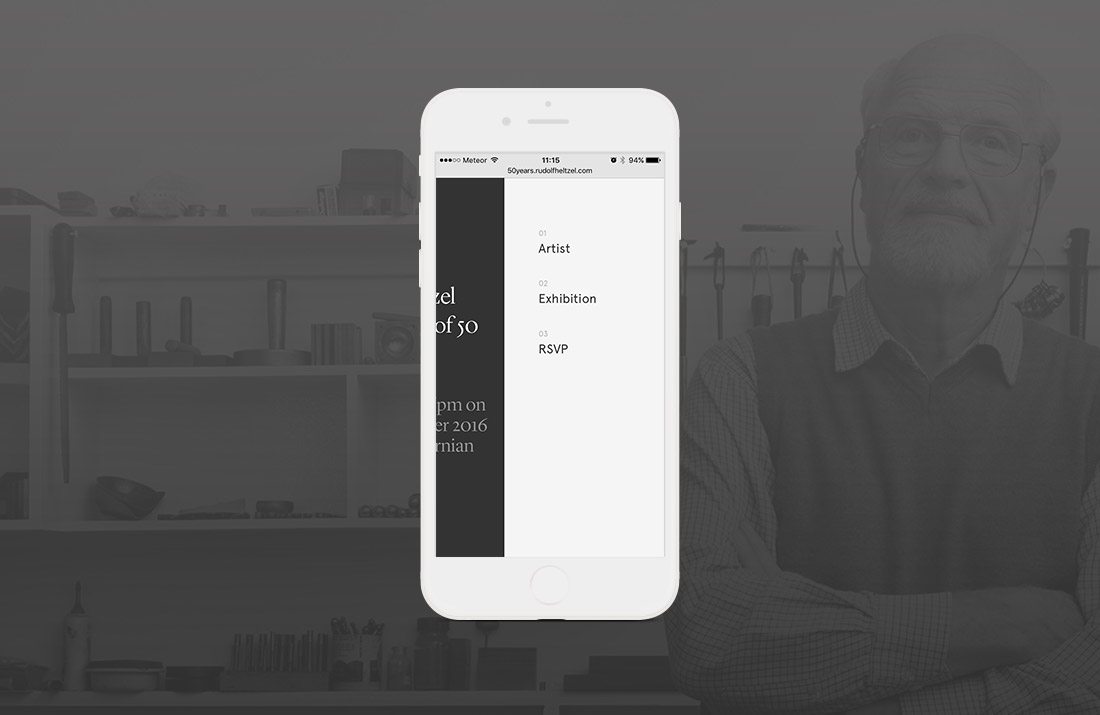 50 Years of Rudolf Heltzel Exhibition Website landing page menu open on iphone by Freelance Graphic Designer Colm McCarthy