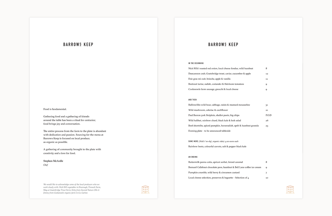 Barrows Keep Restaurant: Menu design by Freelance Graphic Designer Colm