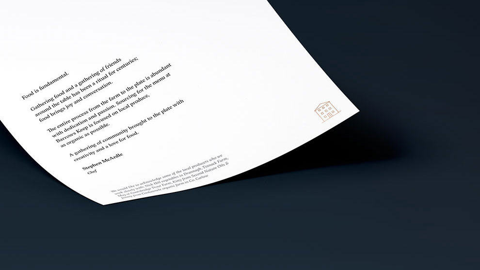 Barrows Keep Restaurant Menu Branding by Freelance Graphic Designer Colm